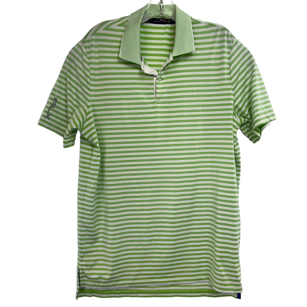 RLX Ralph Lauren Mens Sz Medium Green/White Striped Golf Polo Shirt (V16) EUC
